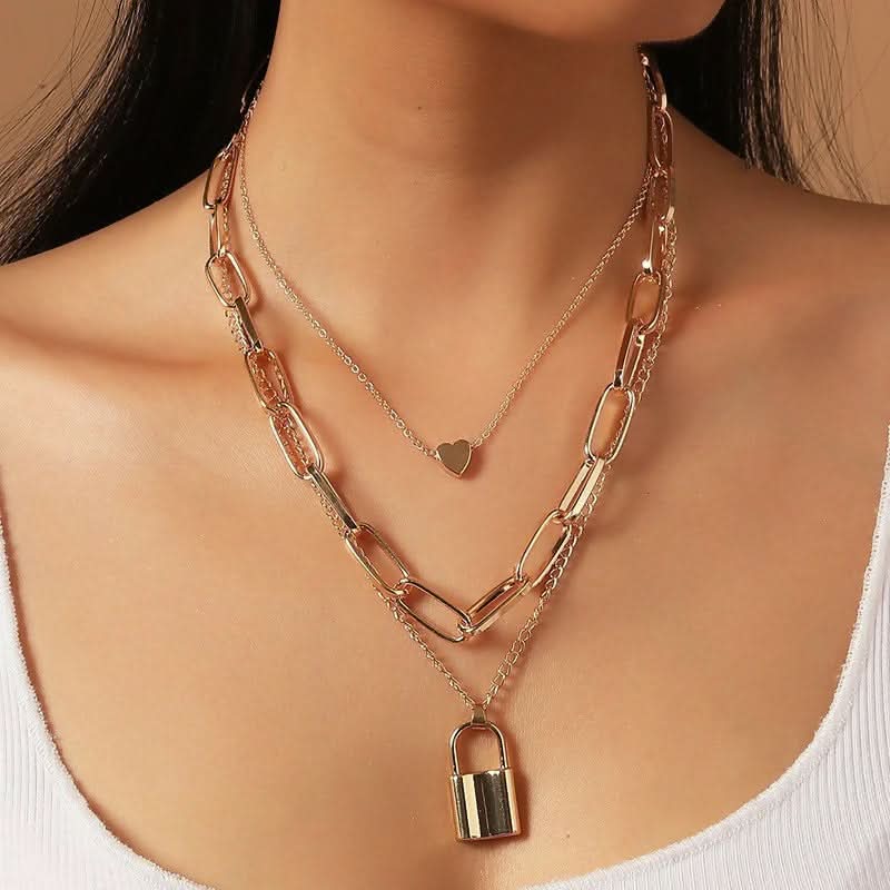 Triple Layered Heart And Lock Pendant Choker Necklace