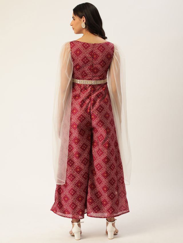 Bollywood Vogue Ready To Wear Pink Art Silk Digital Printed Jumpsuit