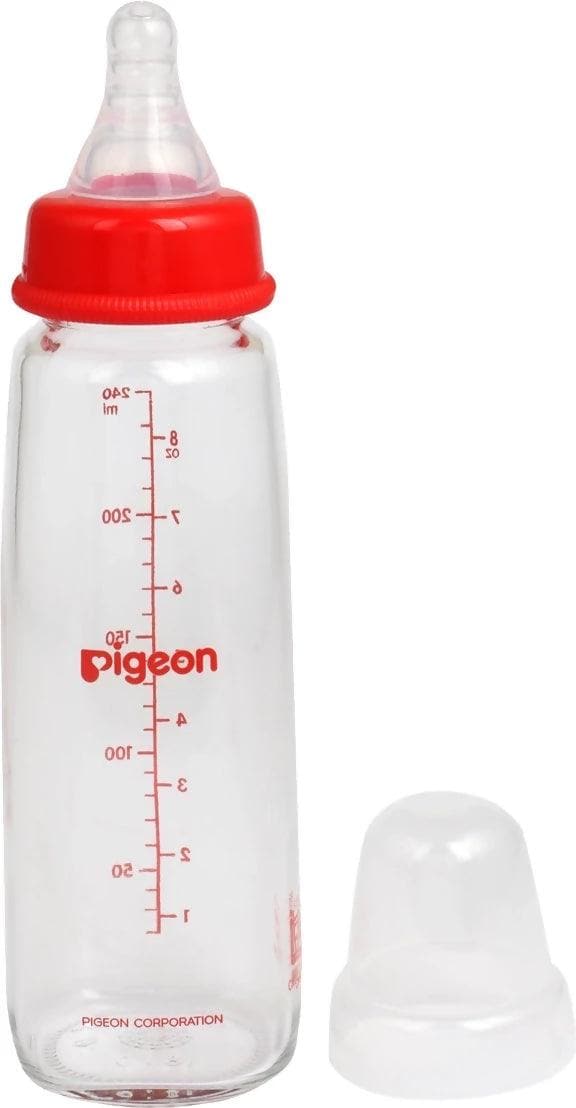 Pigeon Glass Feeding Bottle 240ml Red With Add Nipple Large - HalfPe