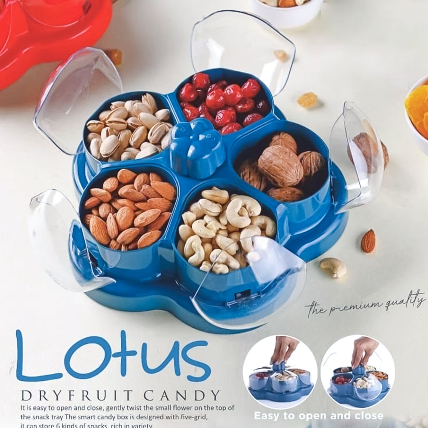 Lotus Shape Rotating Dry Fruit & Snack Organizer Box with Compartments – Multi-Section Candy Nut Storage Container with Lid (1 Pc)