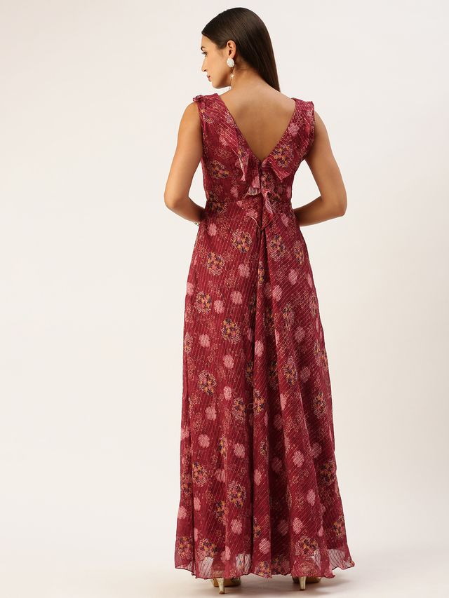 Bollywood Vogue Ready To Wear Wine Georgette Digital Print V Neck Gown