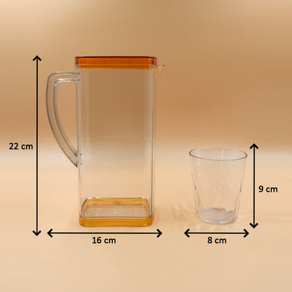 Premium Multi Purpose Square Water & Juice Jug (2000 ml) with Plastic Lid and 6 pieces Glasses (300 ml) (Transparent Color)