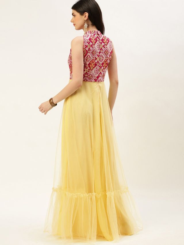 Bollywood Vogue Ready To Wear Dark Pink Embroidered Georgette N Yellow Net Dress
