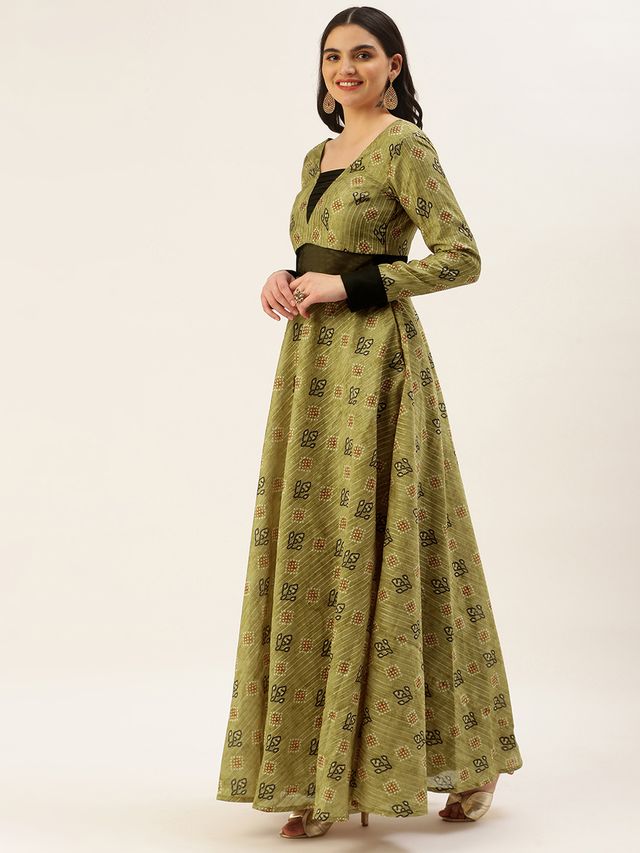 Bollywood Vogue Ready To Wear Green Printed Art Silk Cotton Gown