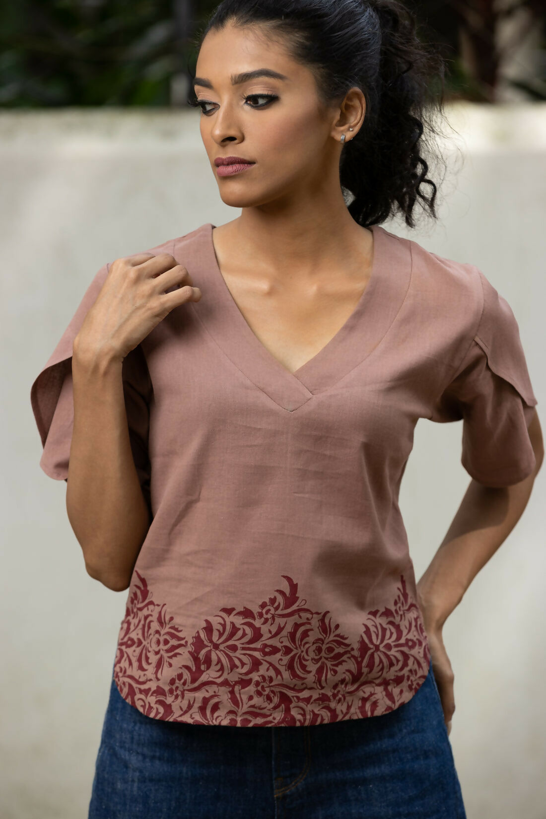 Women’s Handprinted Cotton Linen Top with Tulip Sleeves Studio Sienna