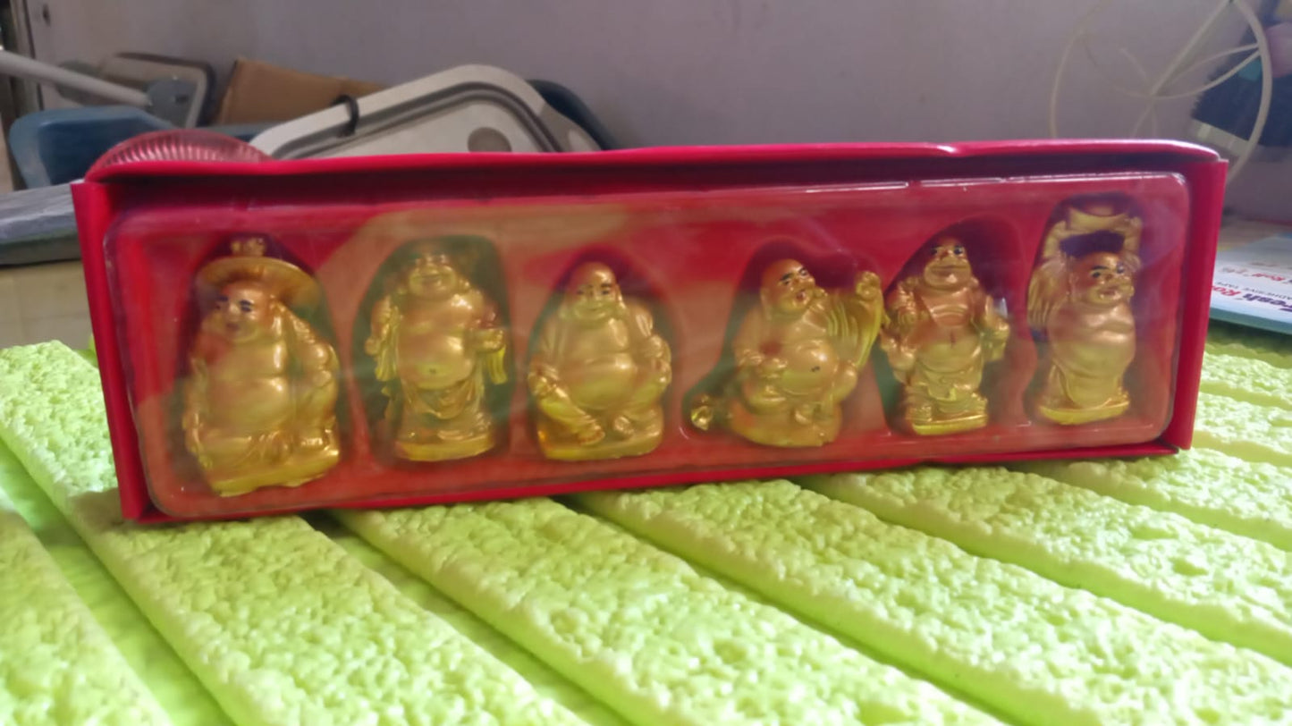 Golden Laughing Buddha Statue Set – 6 Pcs for Happiness, Wealth & Good Luck Decor