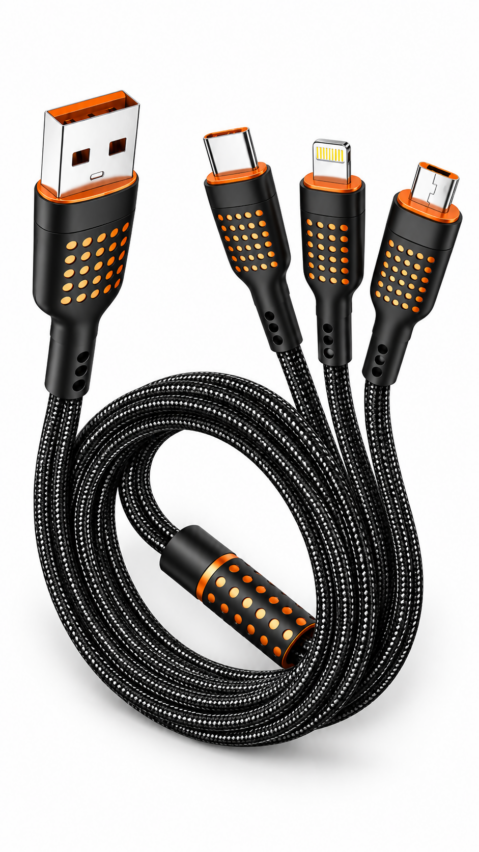 LYNE Flexy 34 3-in-1, 65W Fast Charging Data Cable – Type-C + Lightning + Micro USB, 1 Metre, Black & White