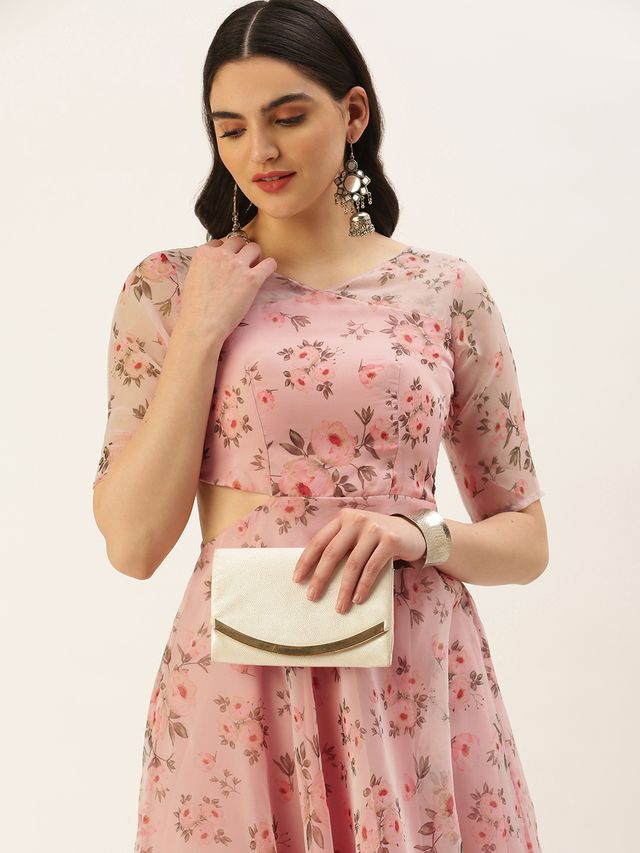 Bollywood Vogue Ready To Wear Pink Digital Print Organza Gown