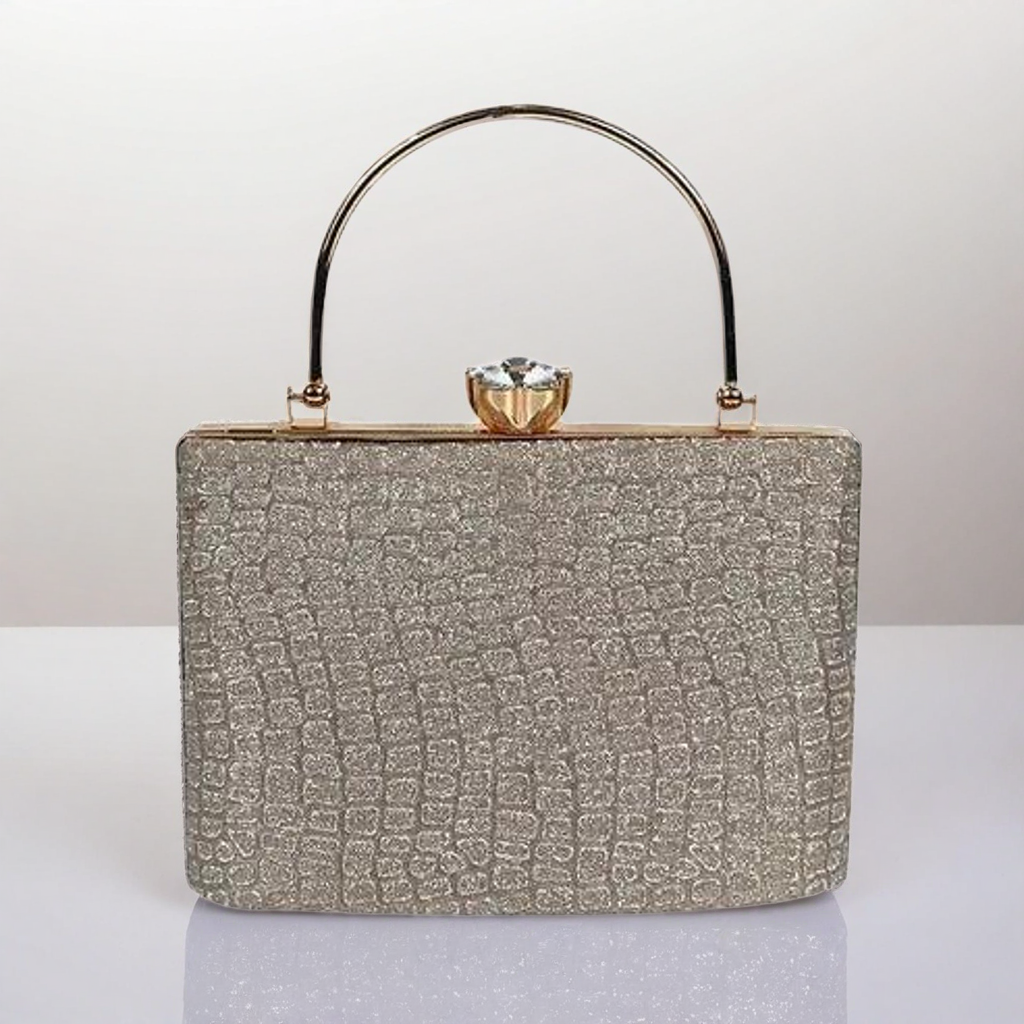 Elegant Silver Glitter Clutch – Luxe Croc-Texture Evening Bag with Gold Handle