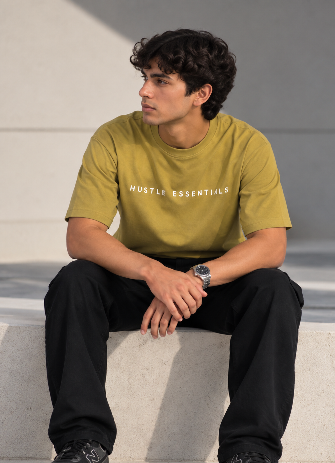 HUSTLE Essentials Men's Crew Neck Oversized Tees - Golden Olive
