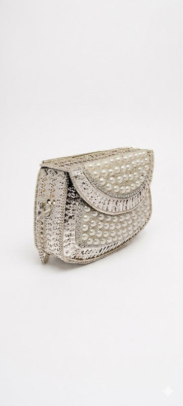 Buddy Cares Metal Bag for Women, Silver Pearl Embellished Clutch Purse with Chain Strap – U-Shape – view 5 – Buddy Cares