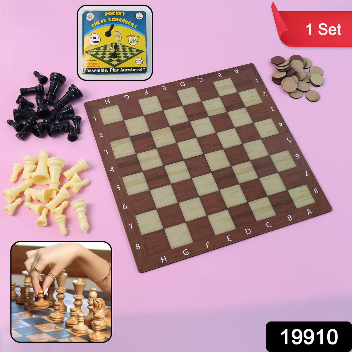 Pocket Chess &amp; Checkers 2-in-1 Travel Game Set – Foldable Coordinate Board with 32 Plastic Chessmen & 24 Draughts Coins - (1 Set)