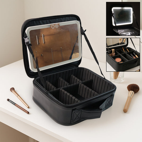Black Premium LED Light Makeup Organizer Box with Touch Sensor Mirror – Portable Adjustable Cosmetic Storage Case with USB Charging, Compartments, and Pouch (1 Pc)
