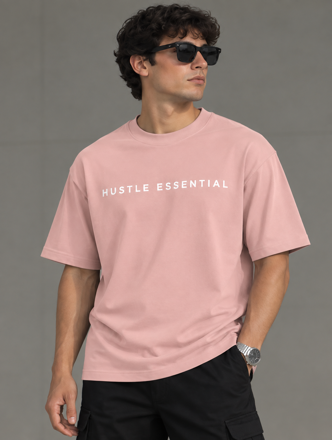 HUSTLE Men's Crew Neck Oversized Tees - Pink