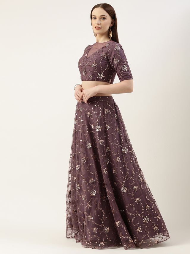 Bollywood Vogue Ready To Wear Purple Net Embroidered Lehenga Set