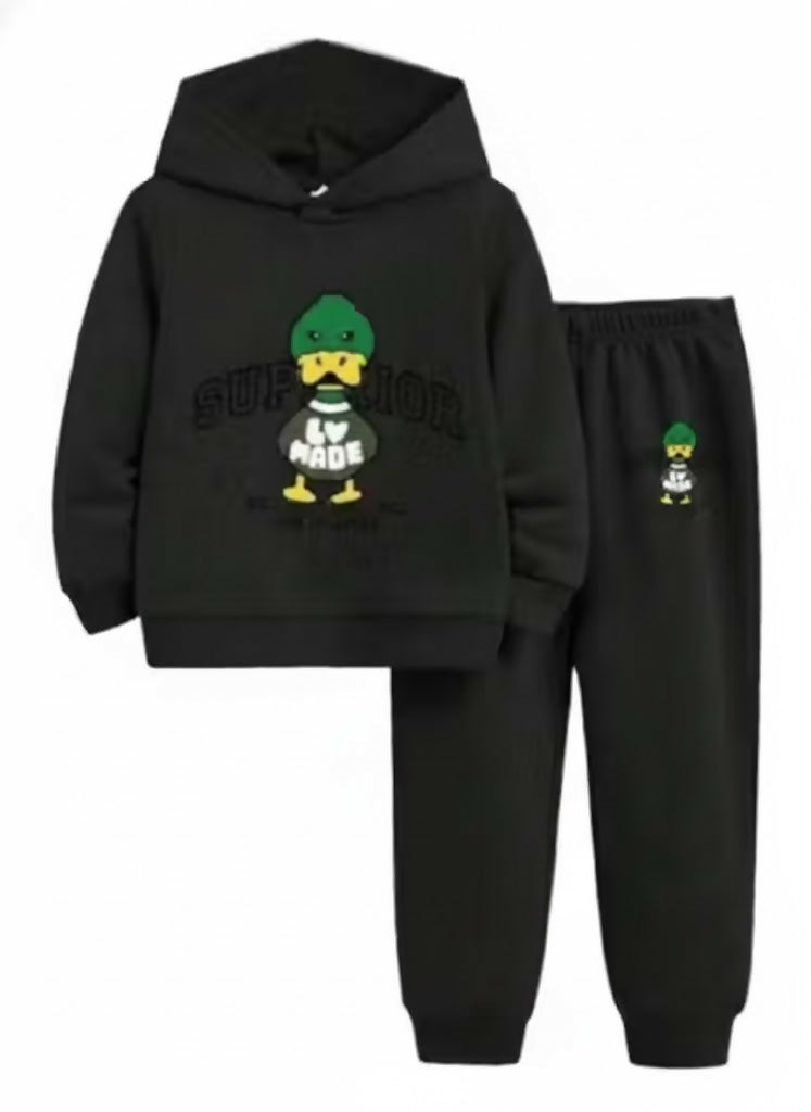 Kids' Black Hoodie and Joggers Set with Cartoon Duck and "SUPERIOR" Print Luck Fashion