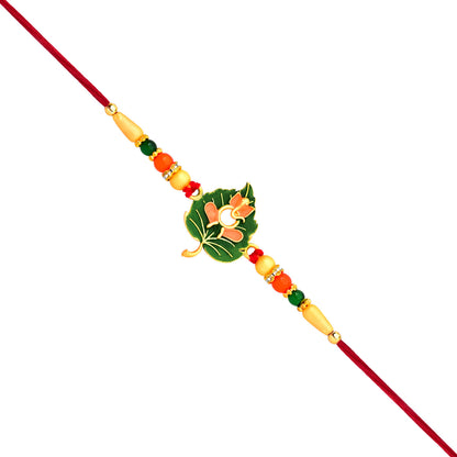 Green Tulsi Leaf Rakhi With Orange Enamel Flower And Beaded Thread
