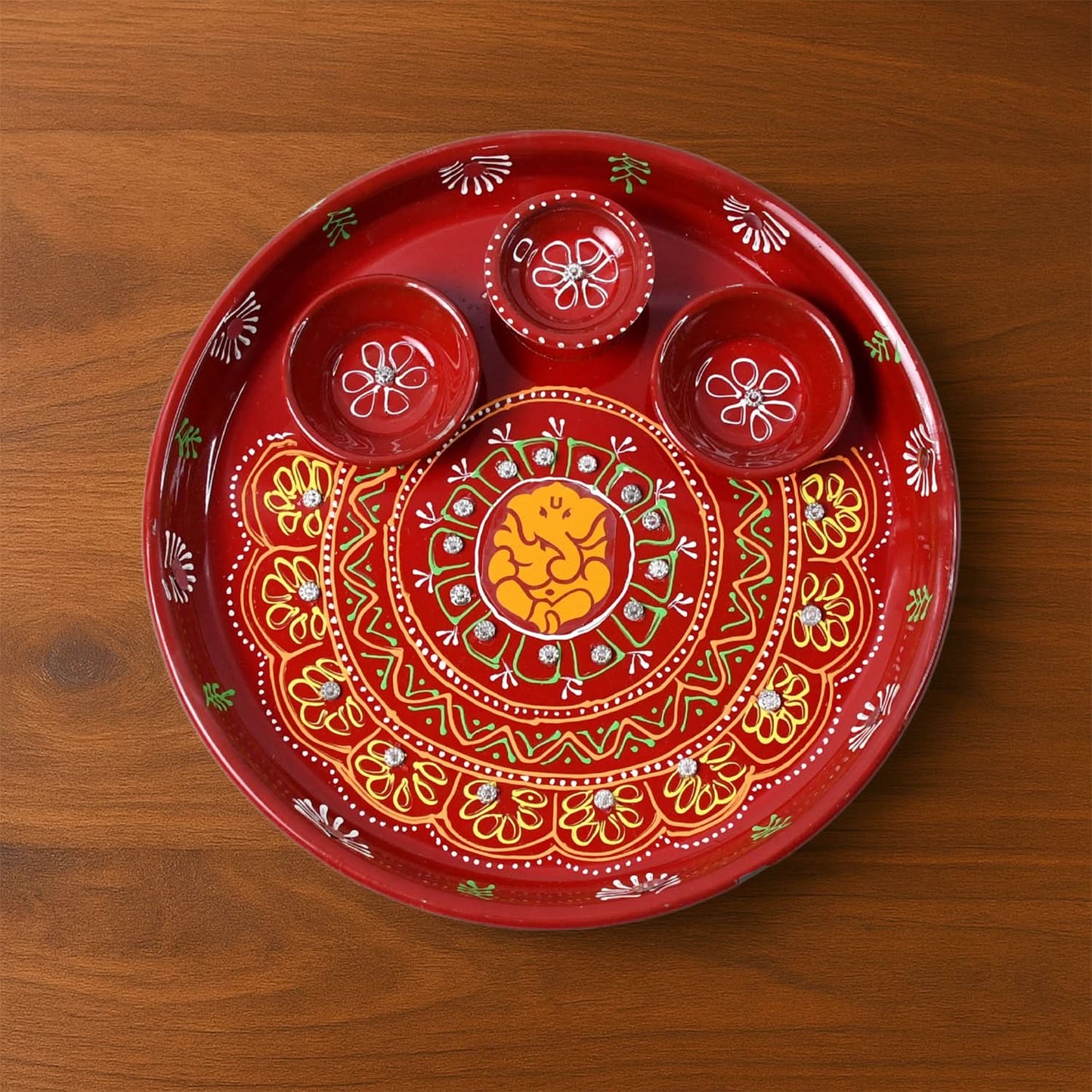 Hand-Painted Decorative Pooja Thali with Ganesha Motif and Diyas – Traditional Festive Design (1 Pc)