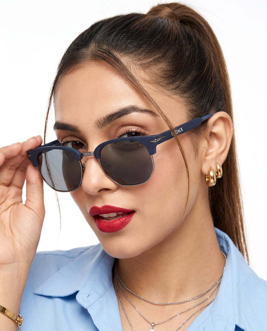 Eyejack Blue & Grey Hexagonal Sunglasses for Men and Women - worn by a male model (image 3)