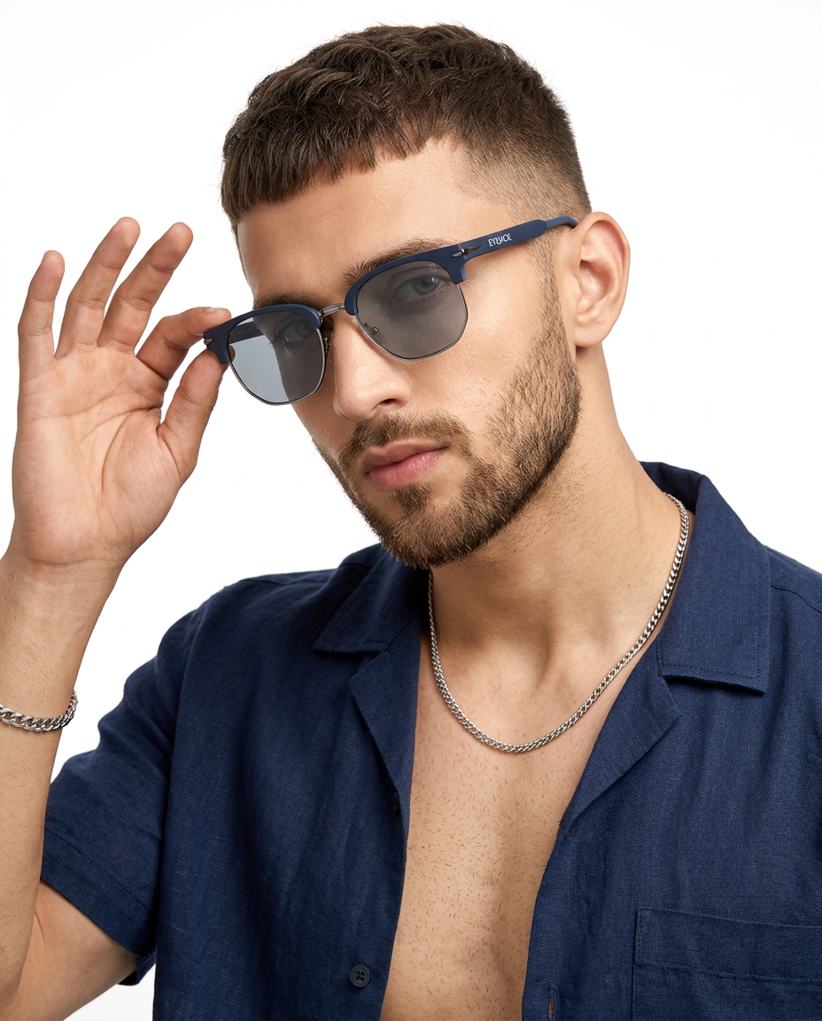 Eyejack Blue & Grey Hexagonal Sunglasses for Men and Women - worn by a male model (image 1)