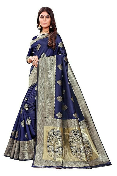 AXONIT Jacquard Silk Saree with Heavy Golden Zari Butta & Antique Gold Border