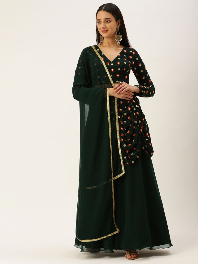 Bollywood Vogue Ready To Wear Green Embroidered Georgette Lehenga Set