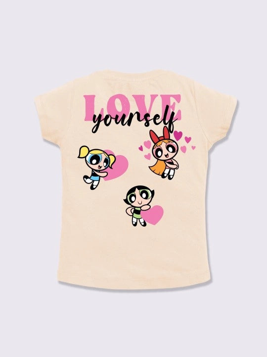 Cotton Powerpuff Girls Printed Top for Girls, Beige