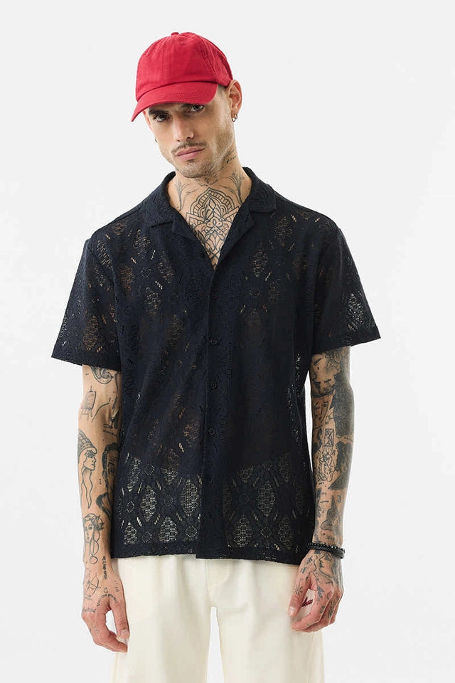 Polyester Half Sleeves Printed Shirt for Men, Black (S)