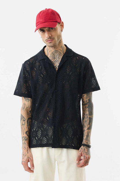 Polyester Half Sleeves Printed Shirt for Men, Black (S)