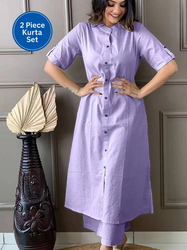 Cotton Solid Women's Kurta with Pant Set, Lavender