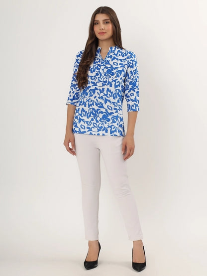 Womens Blue Floral Print Rayon Short Kurti, Blue