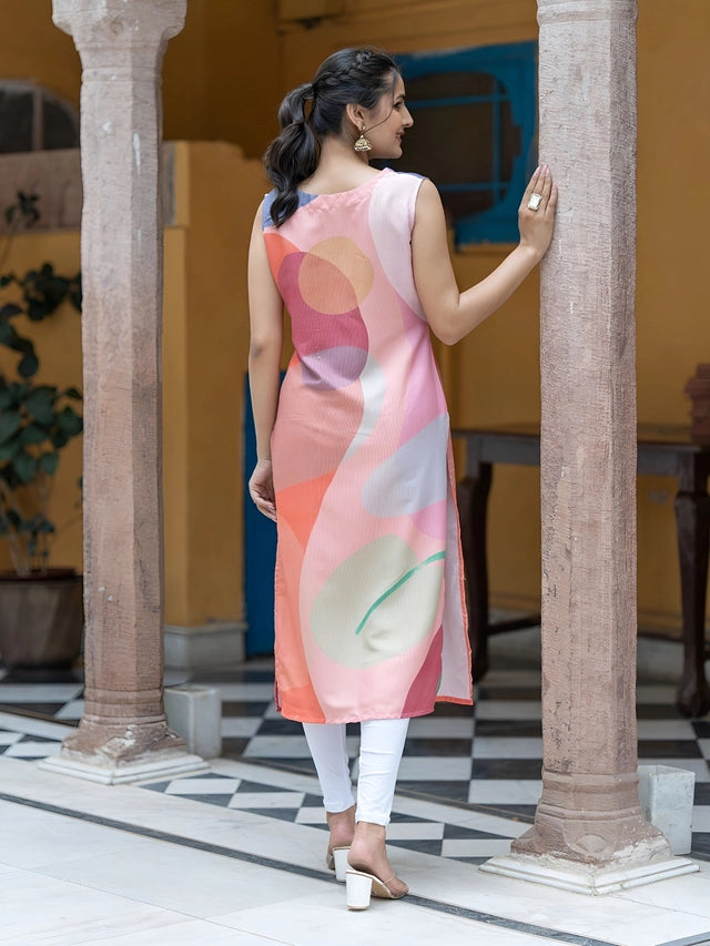 Floral Printed V-Neck Sleeveless Straight Kurta, Peach