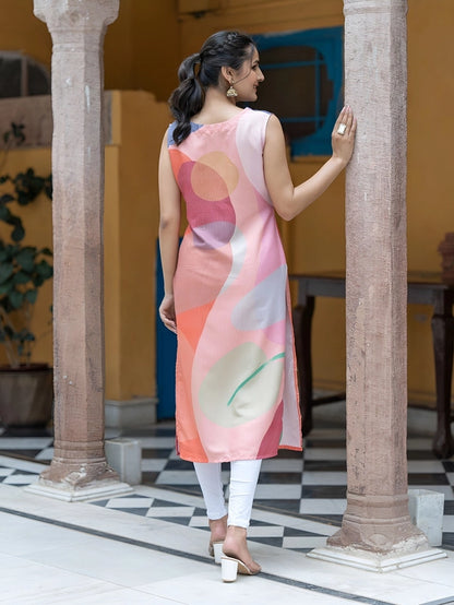 Floral Printed V-Neck Sleeveless Straight Kurta, Peach