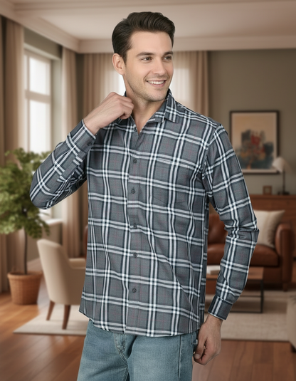 Cotton Blend Full Sleeves Chequered Shirt for Men, Grey