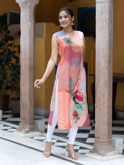 Floral Printed V-Neck Sleeveless Straight Kurta, Peach