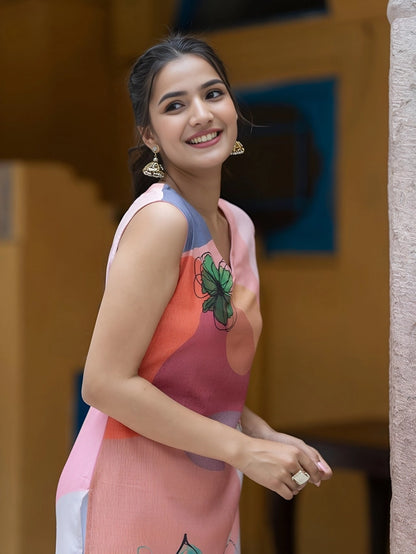 Floral Printed V-Neck Sleeveless Straight Kurta, Peach