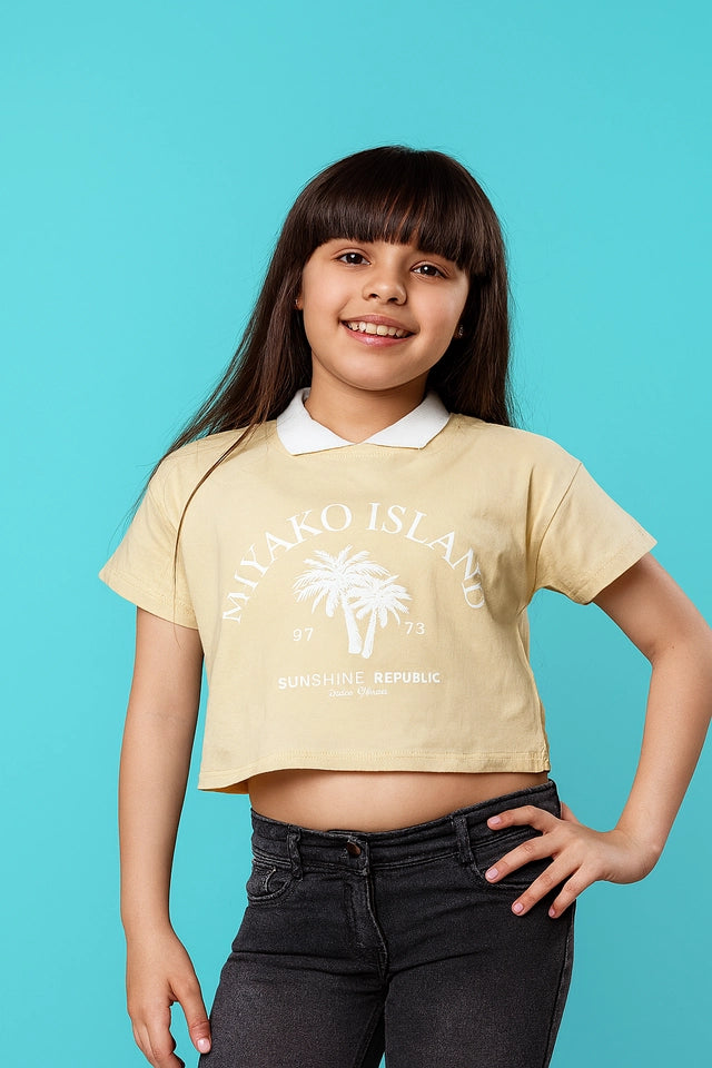 Cotton Printed Tops/Tunics for Girls, Beige