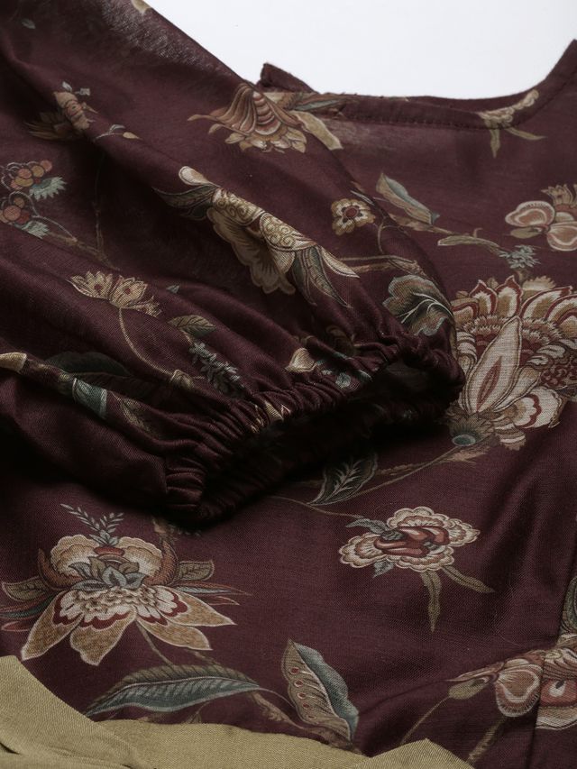 Bollywood Vogue Ready To Wear Maroon Chanderi Silk Puff Sleeve Dress