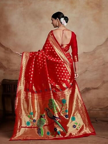AXONIT Royal Radiance Red Soft Silk Saree with Golden Zari Peacock Pallu