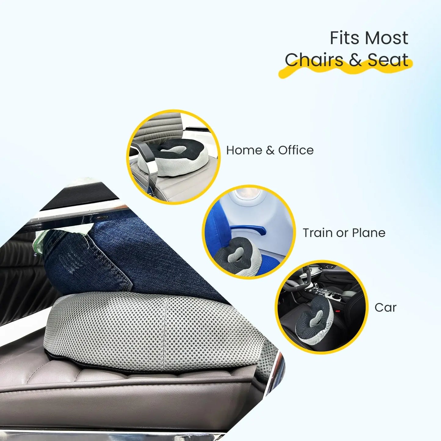 Sleepsia Donut Pillow for Tailbone Pain | Coccyx Seat Cushion for Chair- Car Seat Cushion (Black/Grey,Gel Memory Foam)