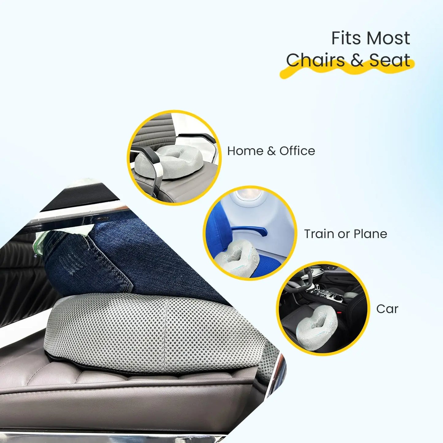 Sleepsia Donut Pillow for Tailbone Pain | Coccyx Seat Cushion for Chair- Car Seat Cushion (Grey,Gel Memory Foam)