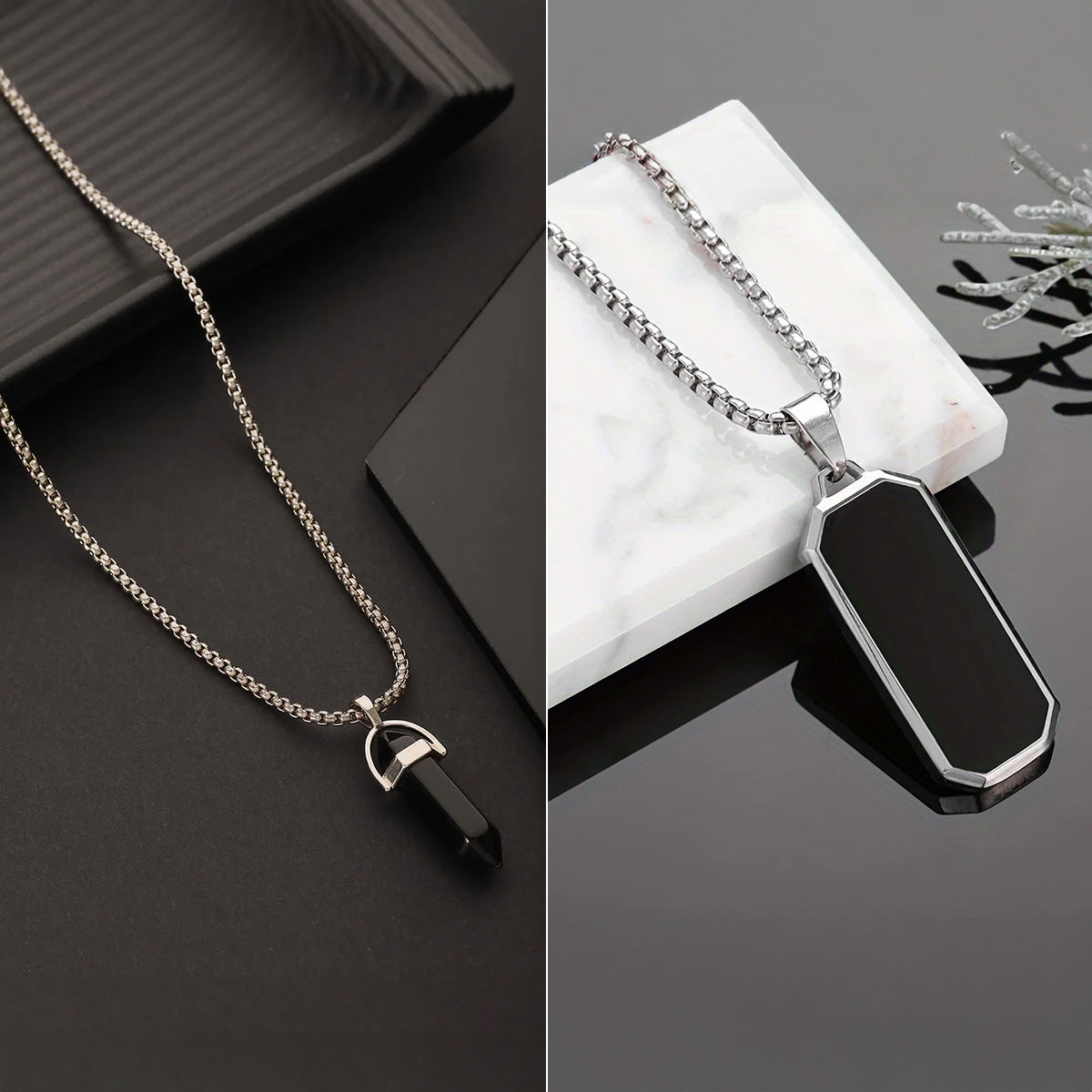 Mens Silver-Toned & Black Silver-Plated Necklace and  Inlay Stainless Steel Pendant Necklace