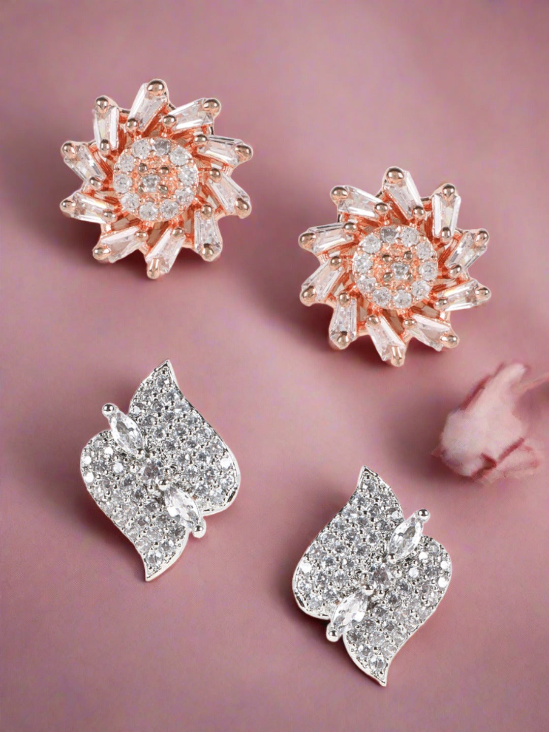 Set Of 2 American Diamond Studded Rose Gold Plated Studs Earring