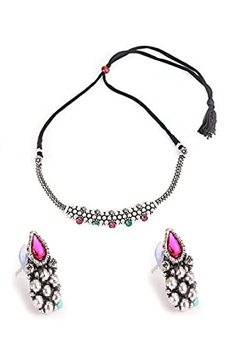Silver-Toned Oxidized Pink& Green Stone Studded Peacock Jewellery Set