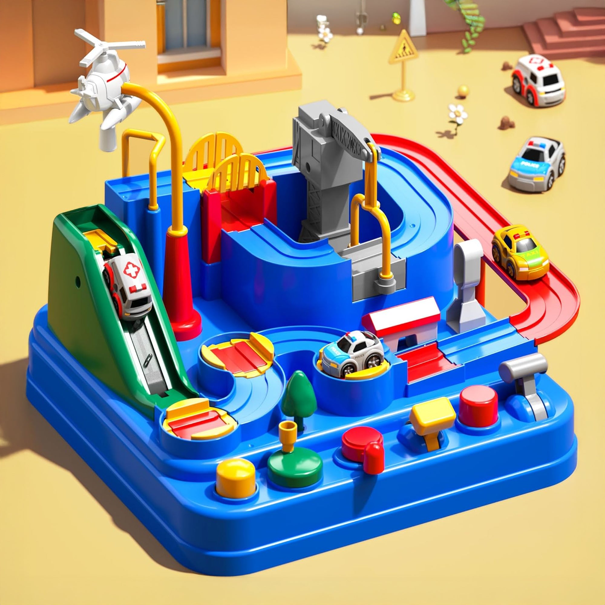 Kidology Car Race Tracks Toy | Car Adventure Toy for 0-3 Years, Boys, Girls & Kids | Playset City Rescue Activity for Toddlers | Pre Educational Learning Puzzle Gift for Babies (4 Car Included)