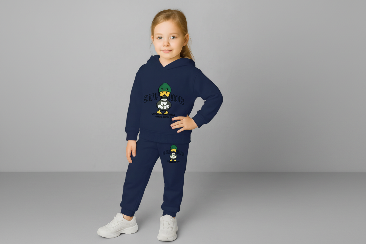 Kids Hooded Sweatshirt & Jogger Set – Superior Duck Graphic Printed Winter Wear (Blue) Luck Fashion