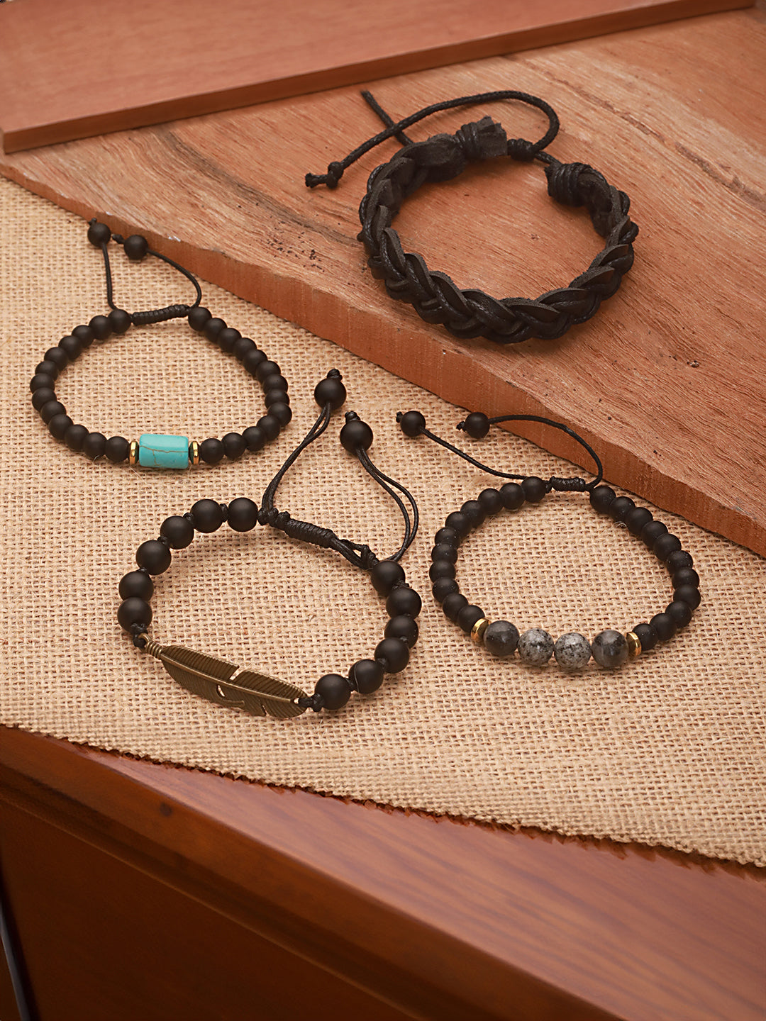 Jazz And Sizzle Men Set of 4 Black Blue Beaded Elasticated & Leather Wraparound Bracelet