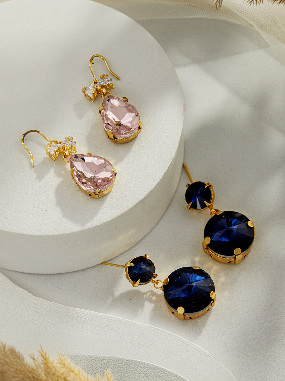 Set Of 2 Gold Plated Blue & Pink Stone Studded Drop Earrings