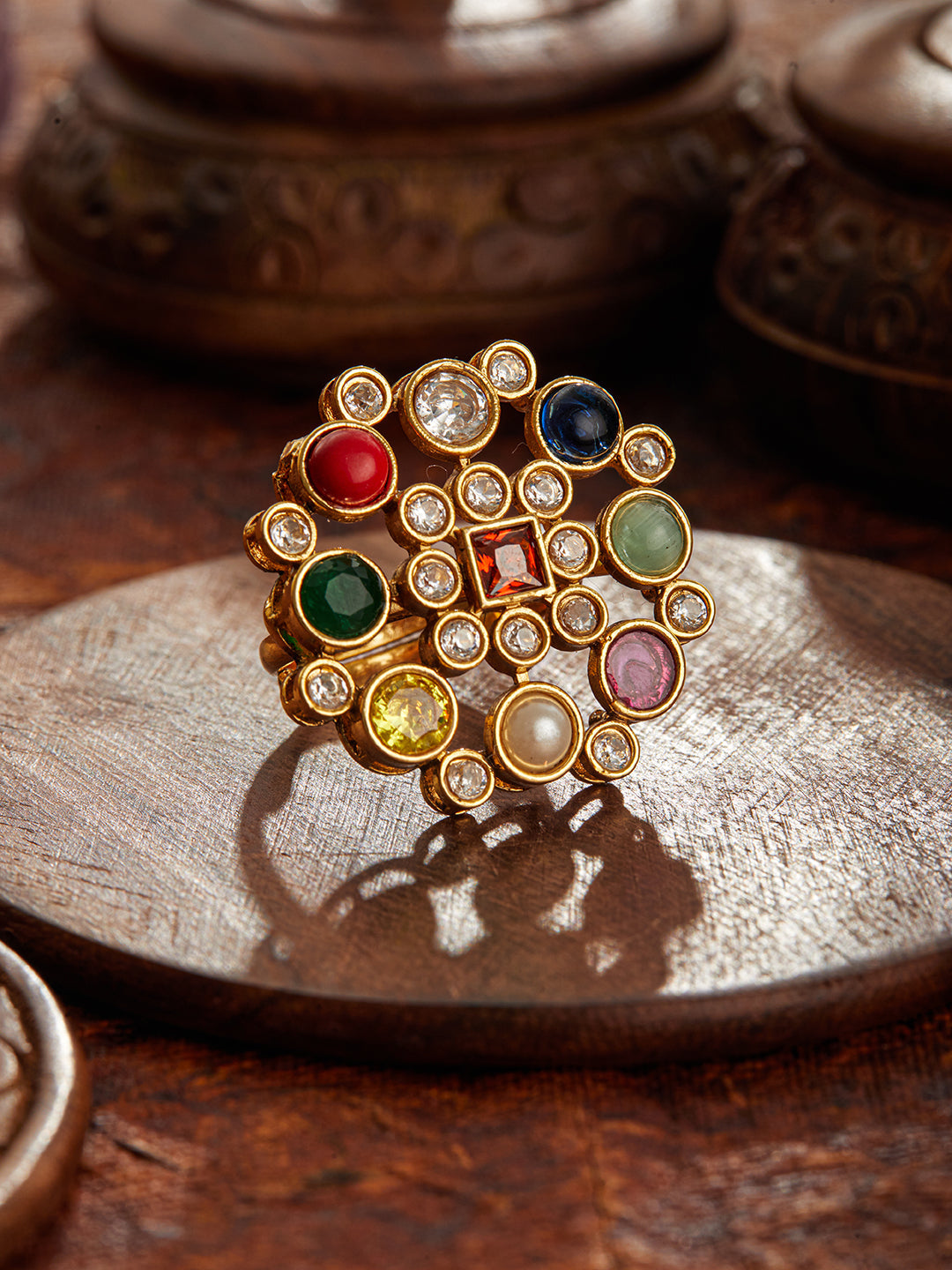 Gold-Plated American Diamond Studded Adjustable Finger Ring