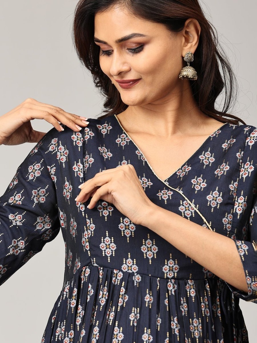 Crazy for Indigo Maternity and Nursing Anarkali Kurti - MEW-SK-BLENK-S